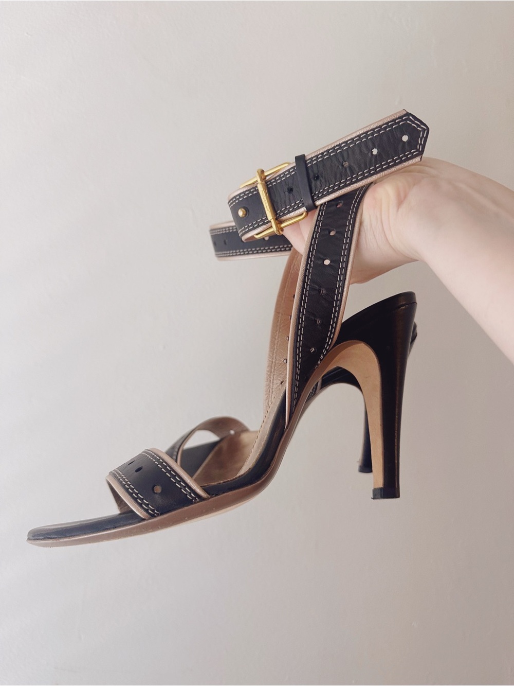 Ferragamo • Grommet Leather Wrap Heels in Black/Tan/Gold